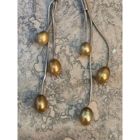 Gold Pearl Drop Silver Snake Chain Dangle Earrings - Picture 1 of 6